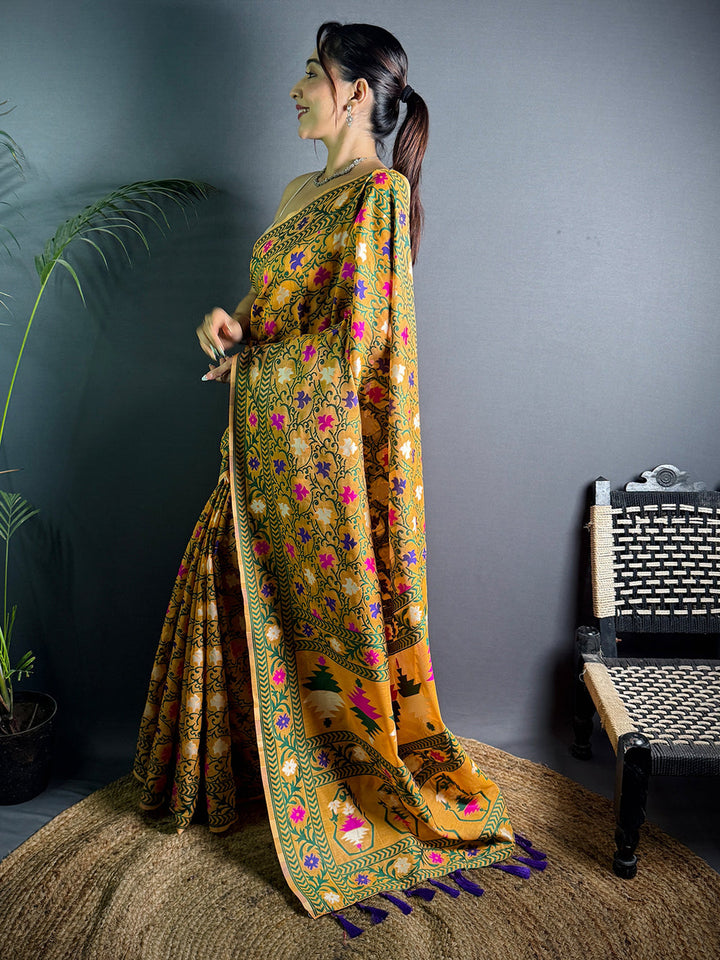 Mustard Yellow Madhubani Print Silk Blend Saree with Green Border & Tassel Pallu