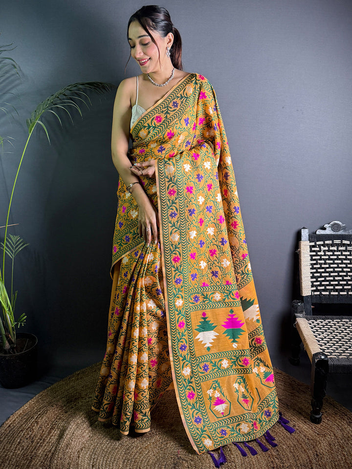 Mustard Yellow Madhubani Print Silk Blend Saree with Green Border & Tassel Pallu