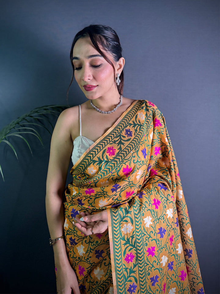 Mustard Yellow Madhubani Print Silk Blend Saree with Green Border & Tassel Pallu