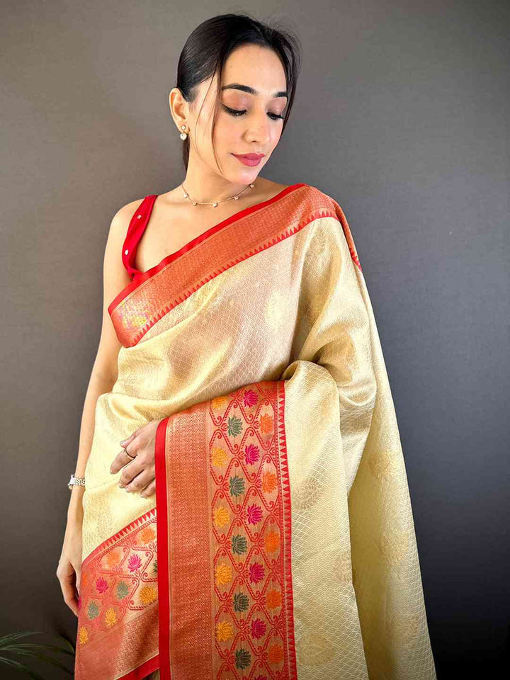 Cream Banarasi Silk Saree with Red Woven Border & Rich Pallu