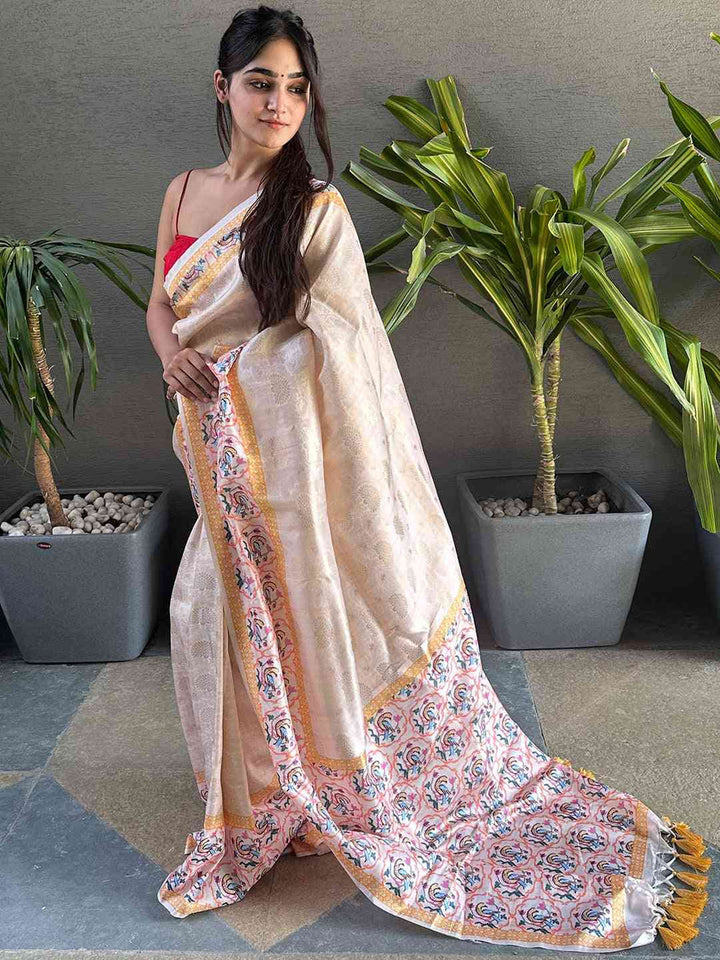 Ivory & Pastel Pink Banarasi Silk Saree with Floral Woven Pallu