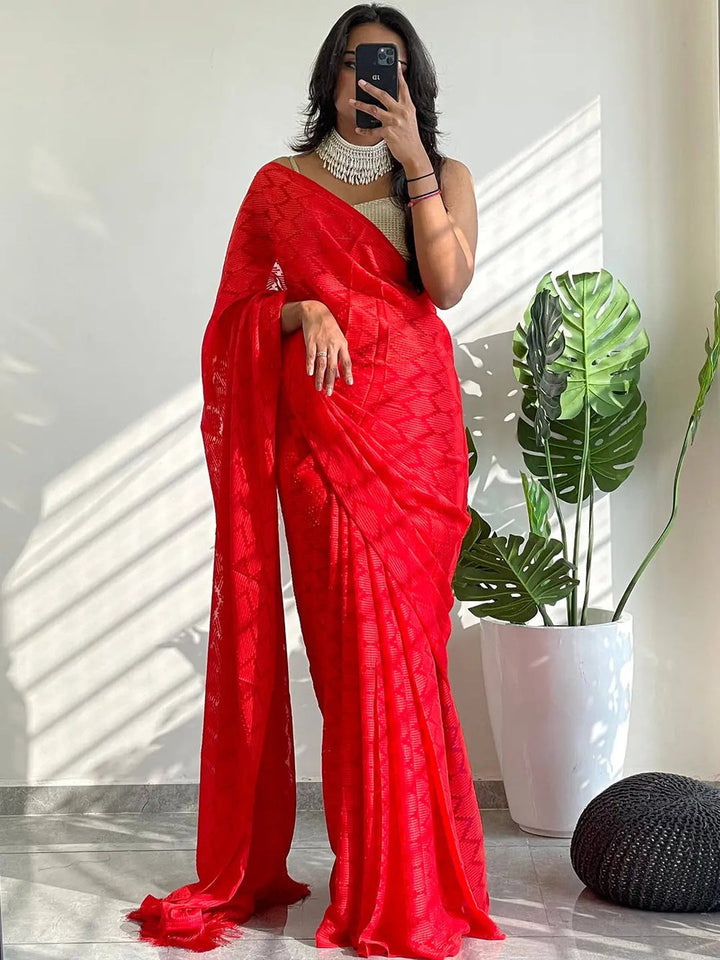 Red Georgette Saree with Self Weave Pattern