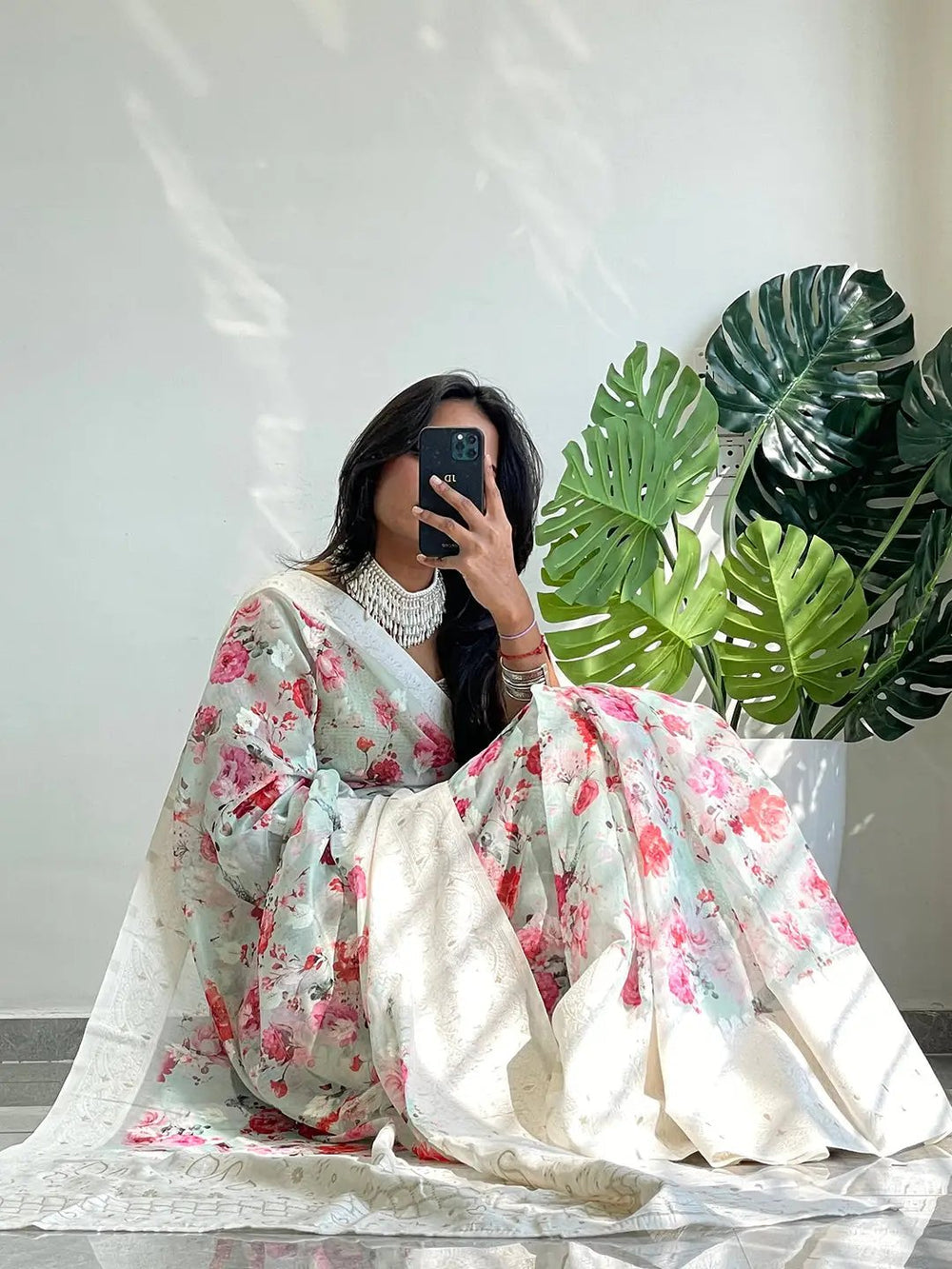 Ivory & Pastel Pink Banarasi Silk Saree with Floral Woven Pallu
