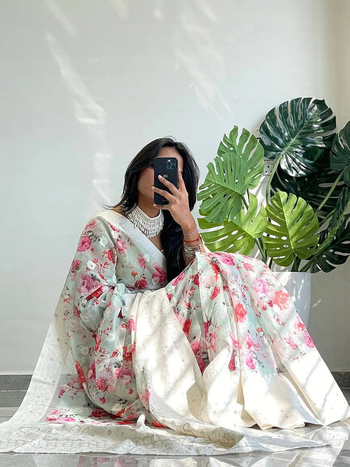 Ivory & Pastel Pink Banarasi Silk Saree with Floral Woven Pallu