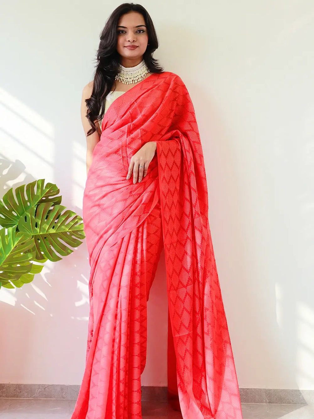 Red Georgette Saree with Self Weave Pattern