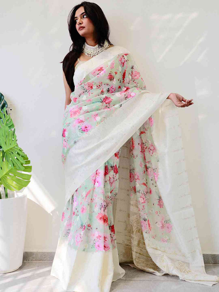 Ivory & Pastel Pink Banarasi Silk Saree with Floral Woven Pallu