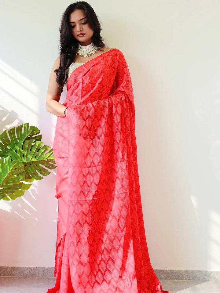 Red Georgette Saree with Self Weave Pattern