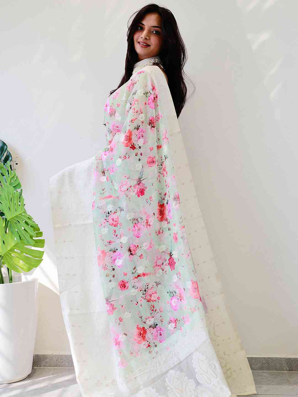 Ivory & Pastel Pink Banarasi Silk Saree with Floral Woven Pallu