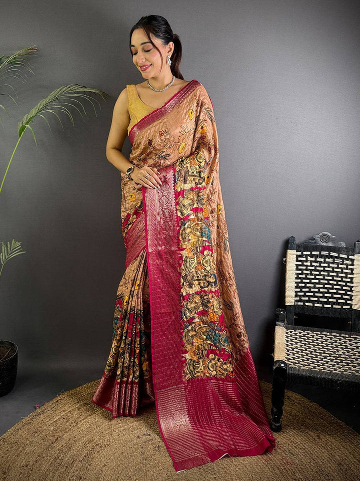 Brown Linen Silk Saree with Kalamkari Digital Print & Maroon Zari Border
