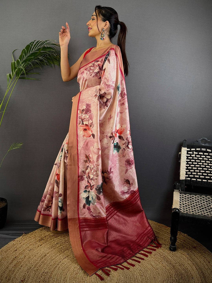Rose Pink Floral Printed Silk Saree with Contrast Wine Border & Elegant Woven Pallu
