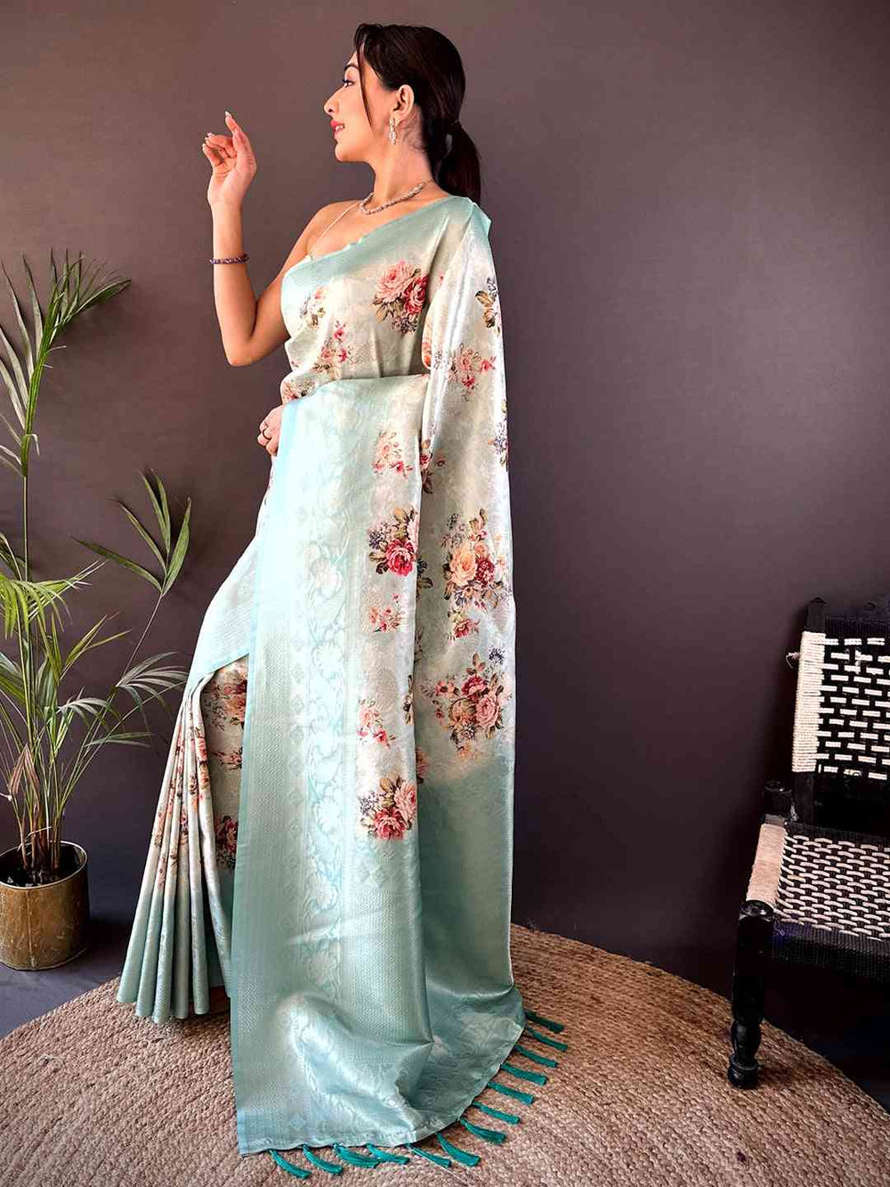 Mint Green Floral Banarasi Silk Saree with Woven Pallu & Tassels