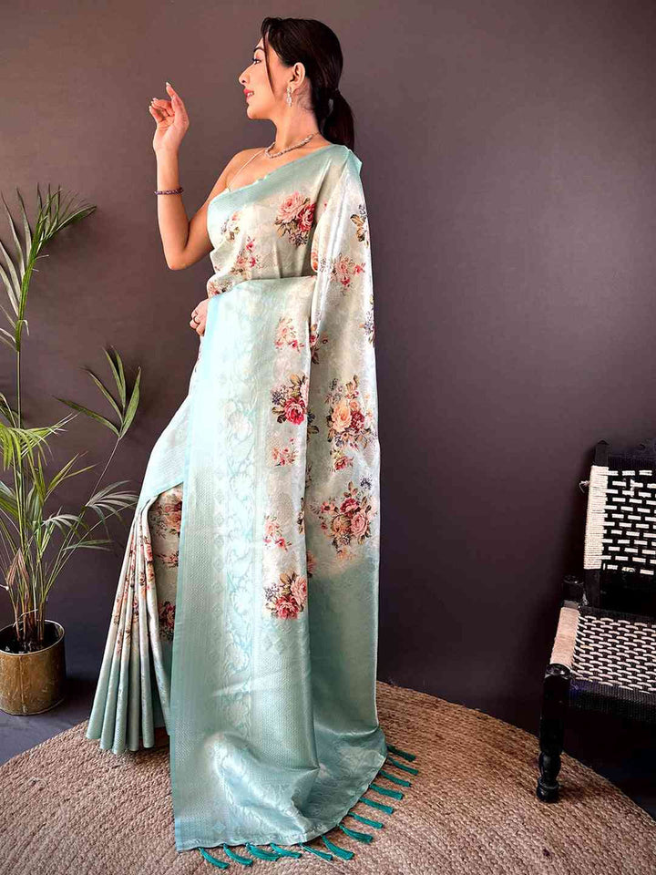 Mint Green Floral Banarasi Silk Saree with Woven Pallu & Tassels