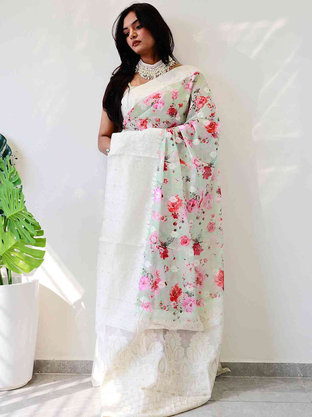 Ivory & Pastel Pink Banarasi Silk Saree with Floral Woven Pallu