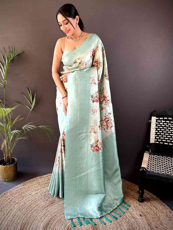 Mint Green Floral Banarasi Silk Saree with Woven Pallu & Tassels