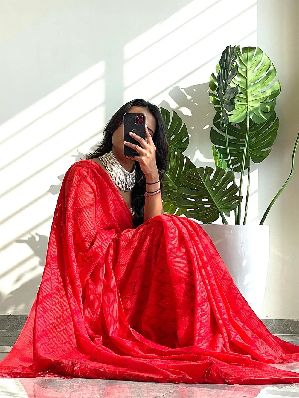 Red Georgette Saree with Self Weave Pattern