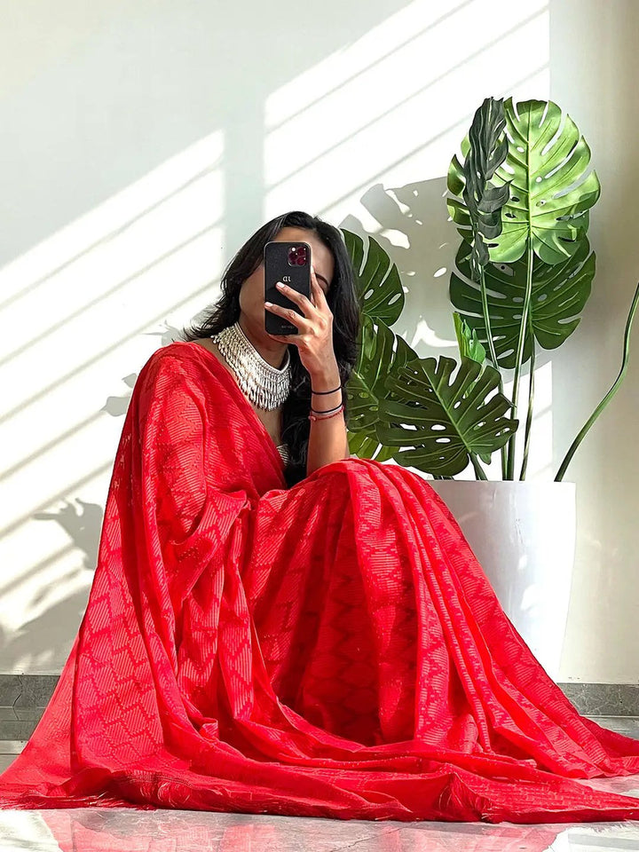 Red Georgette Saree with Self Weave Pattern
