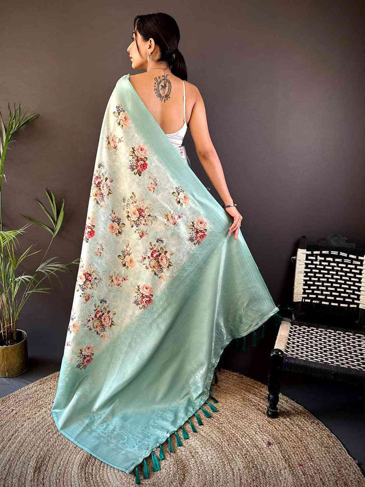 Mint Green Floral Banarasi Silk Saree with Woven Pallu & Tassels