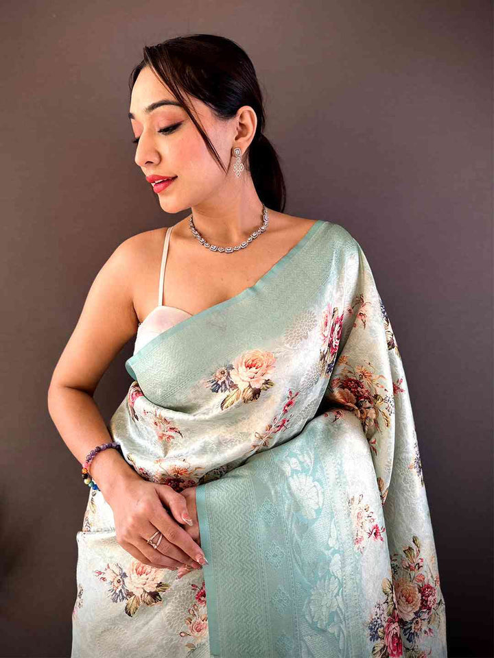 Mint Green Floral Banarasi Silk Saree with Woven Pallu & Tassels