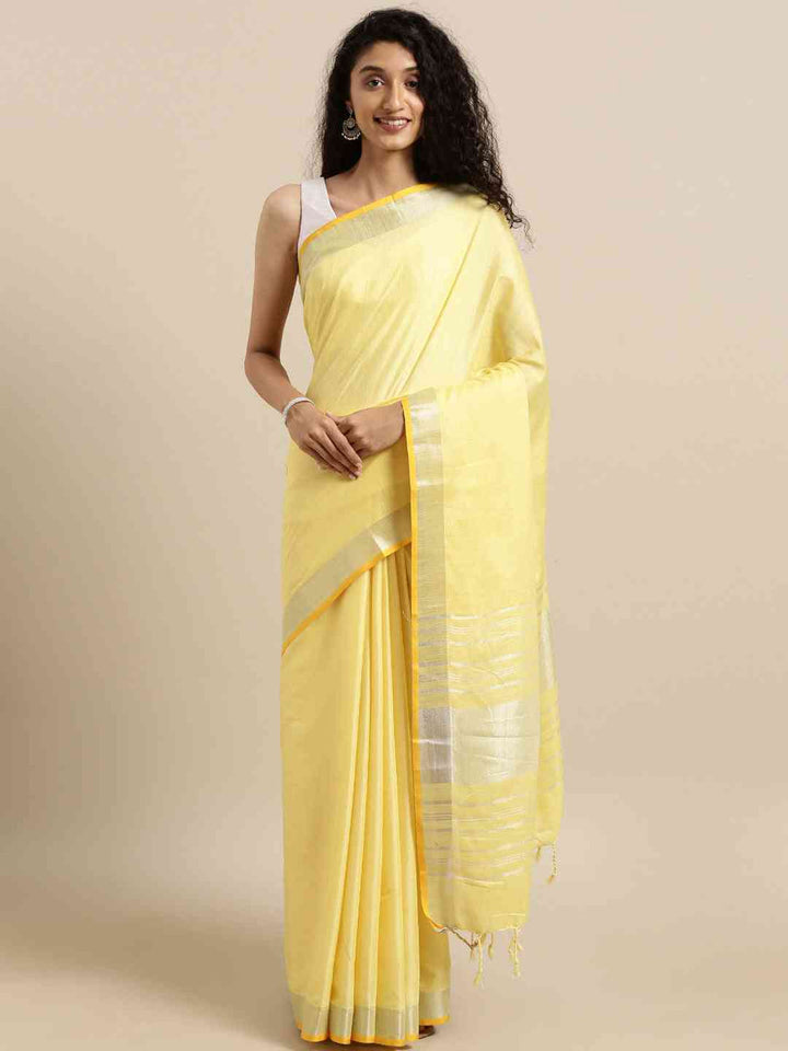 Light Yellow Silk Blend Saree with Silver Zari Border