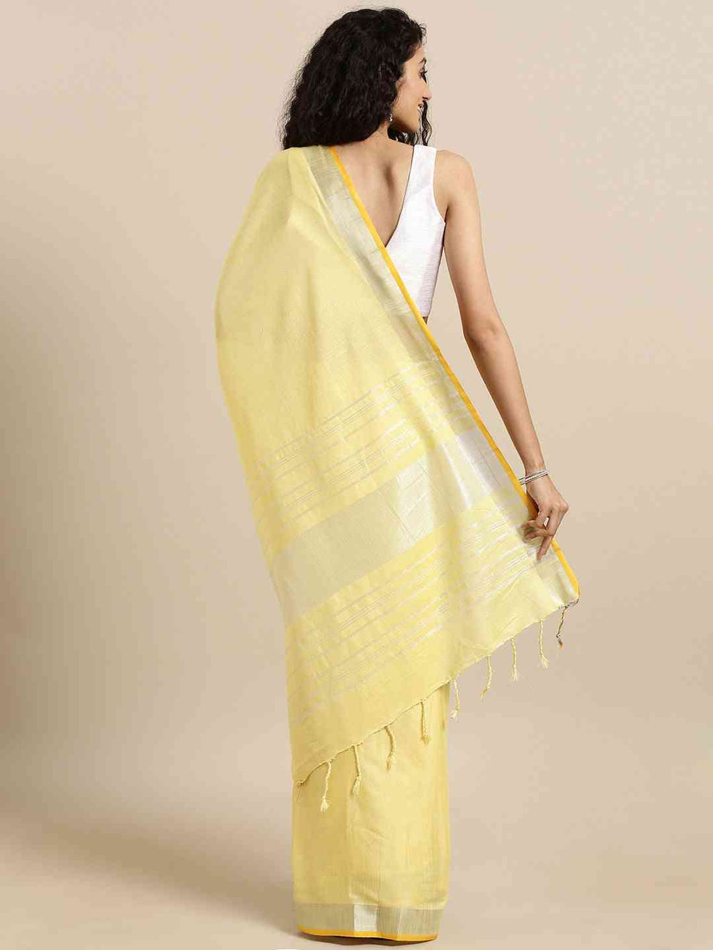 Light Yellow Silk Blend Saree with Silver Zari Border