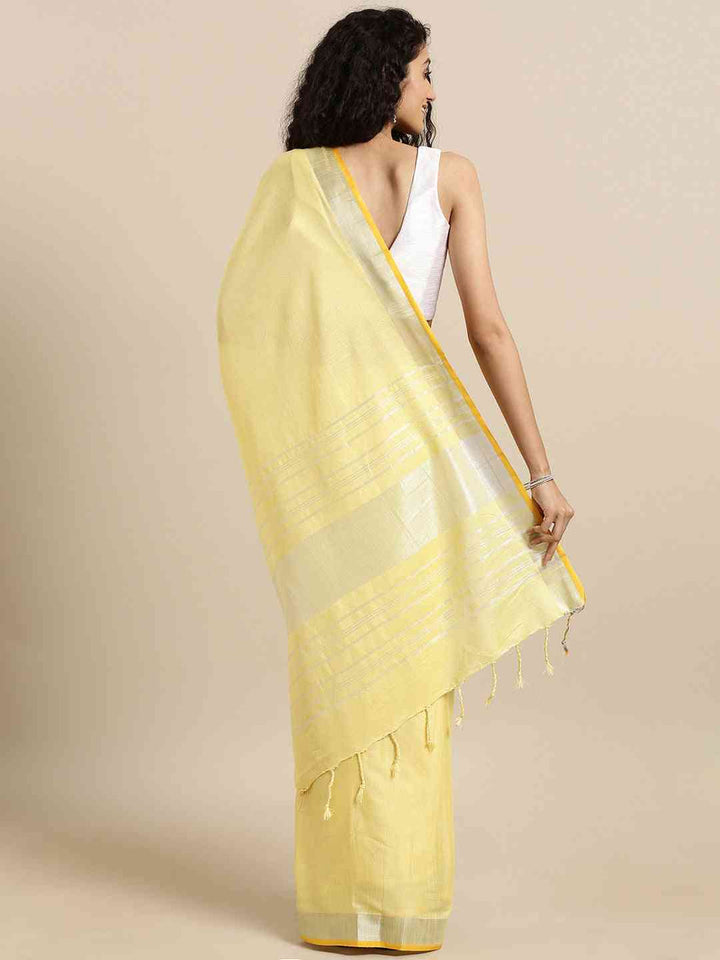 Light Yellow Silk Blend Saree with Silver Zari Border