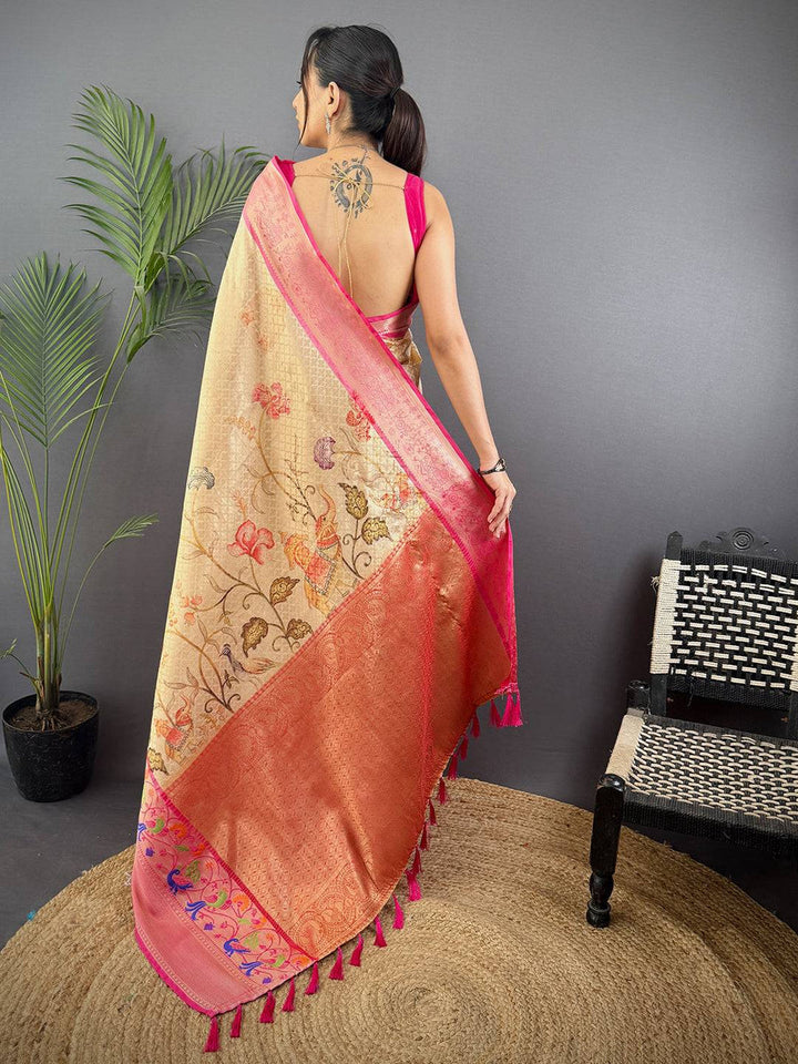 Beige & Pink Banarasi Silk Saree with Colorful Weaving and Rich Pallu