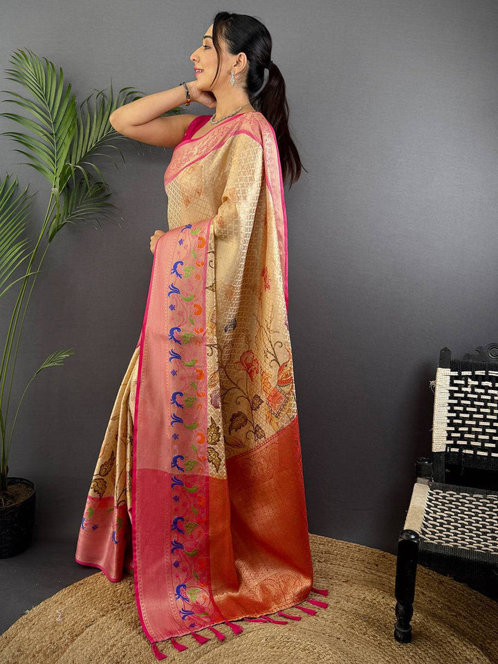 Beige & Pink Banarasi Silk Saree with Colorful Weaving and Rich Pallu