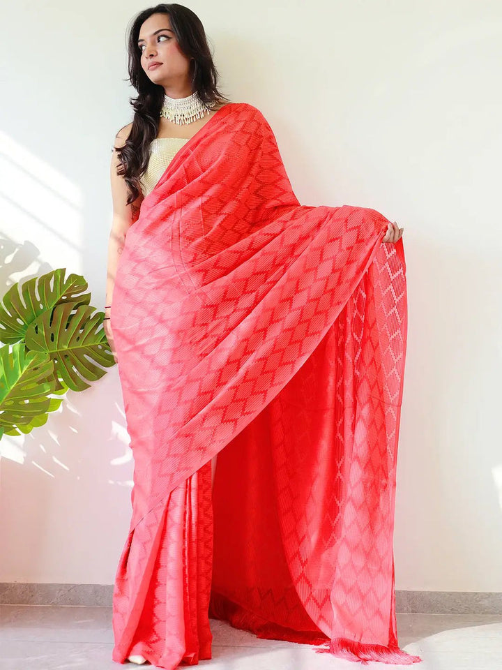 Red Georgette Saree with Self Weave Pattern