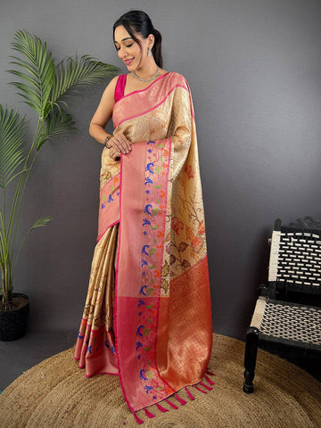 Beige & Pink Banarasi Silk Saree with Colorful Weaving and Rich Pallu