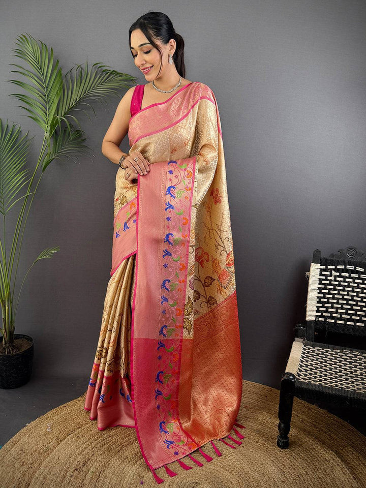 Beige & Pink Banarasi Silk Saree with Colorful Weaving and Rich Pallu