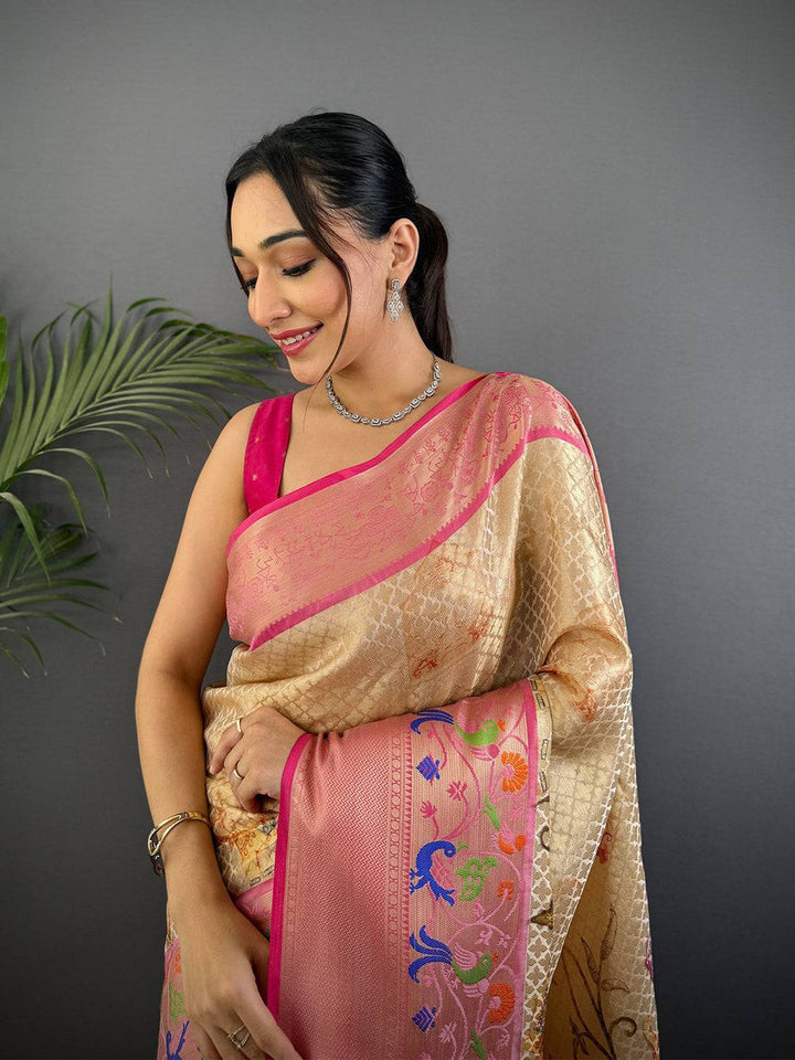 Beige & Pink Banarasi Silk Saree with Colorful Weaving and Rich Pallu