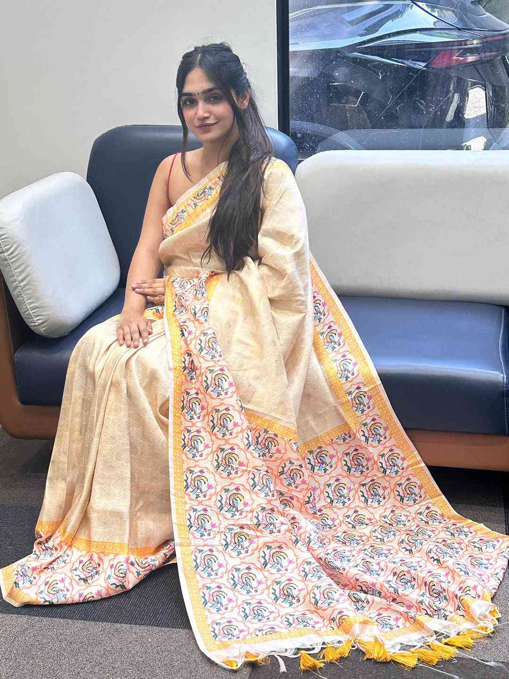 Ivory & Pastel Pink Banarasi Silk Saree with Floral Woven Pallu & Yellow Tassels