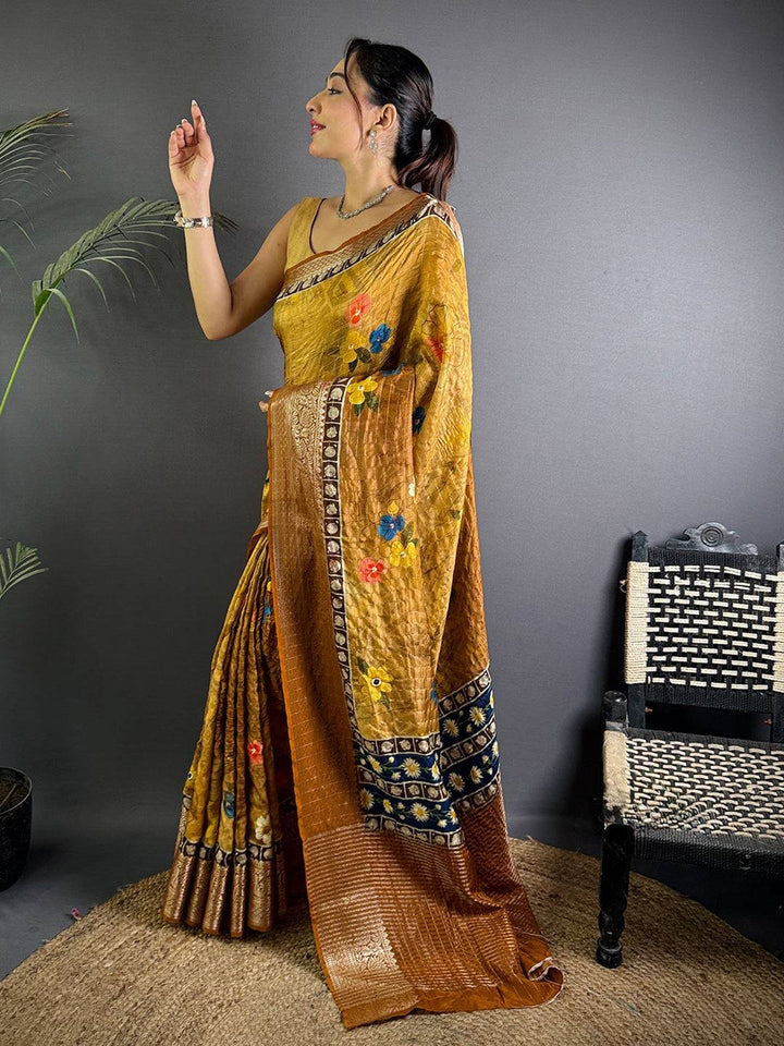 Mustard Brown Linen Silk Saree with Floral Digital Print & Contrast Blue Panel
