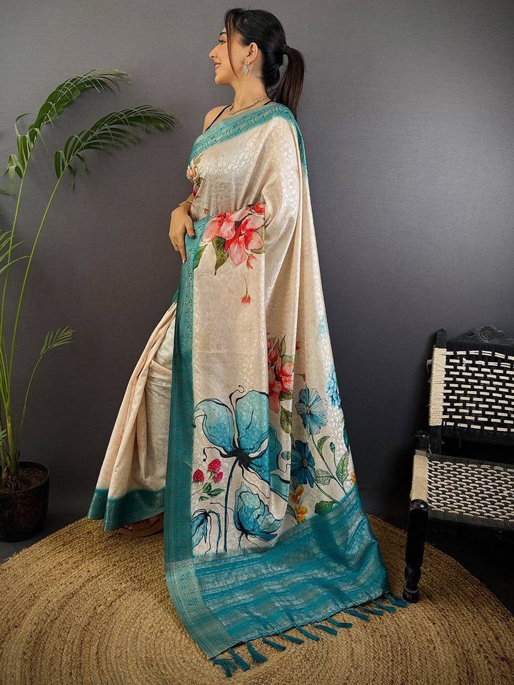 Cream & Teal Printed Silk Saree with Floral & Butterfly Design and Elegant Woven Border