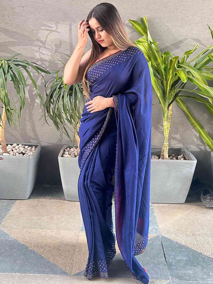Navy Blue Georgette Saree with Sparkling Stone Work Border