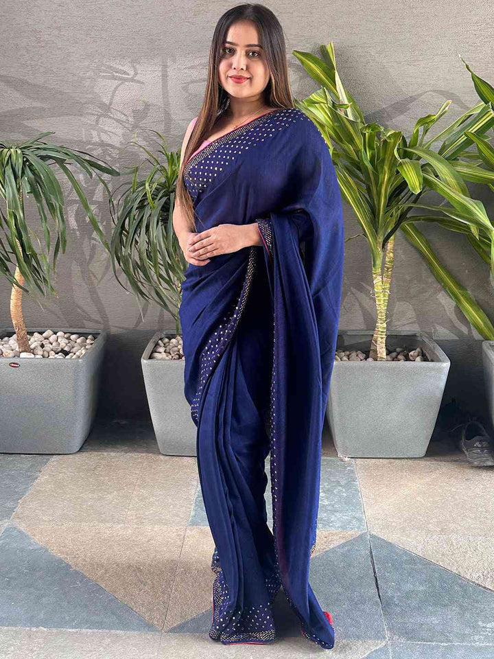 Navy Blue Georgette Saree with Sparkling Stone Work Border