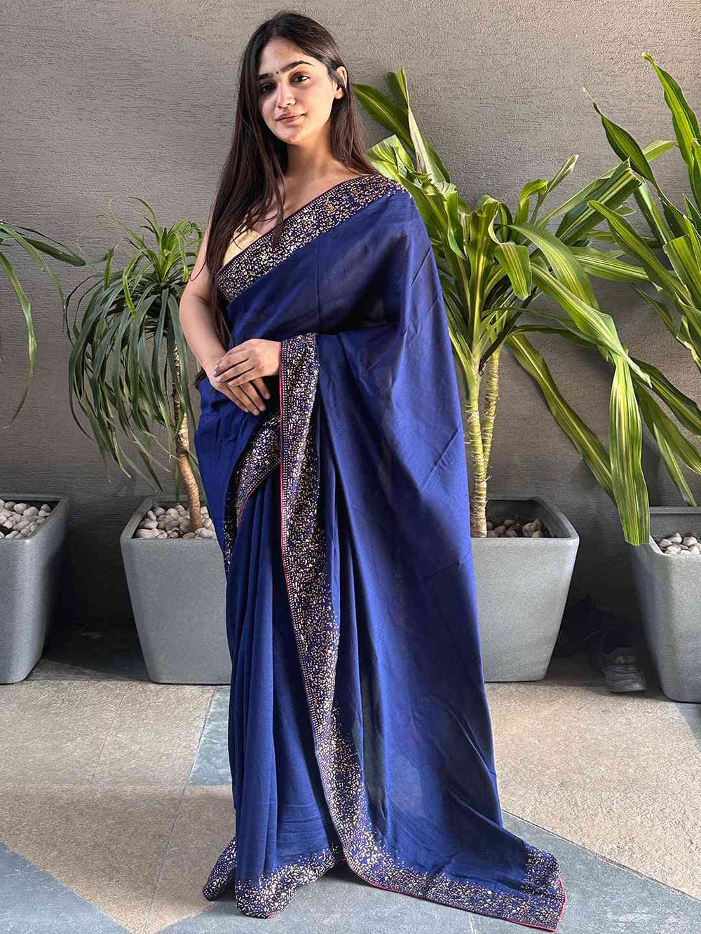 Navy Blue Georgette Saree with Sparkling Stone Work Border