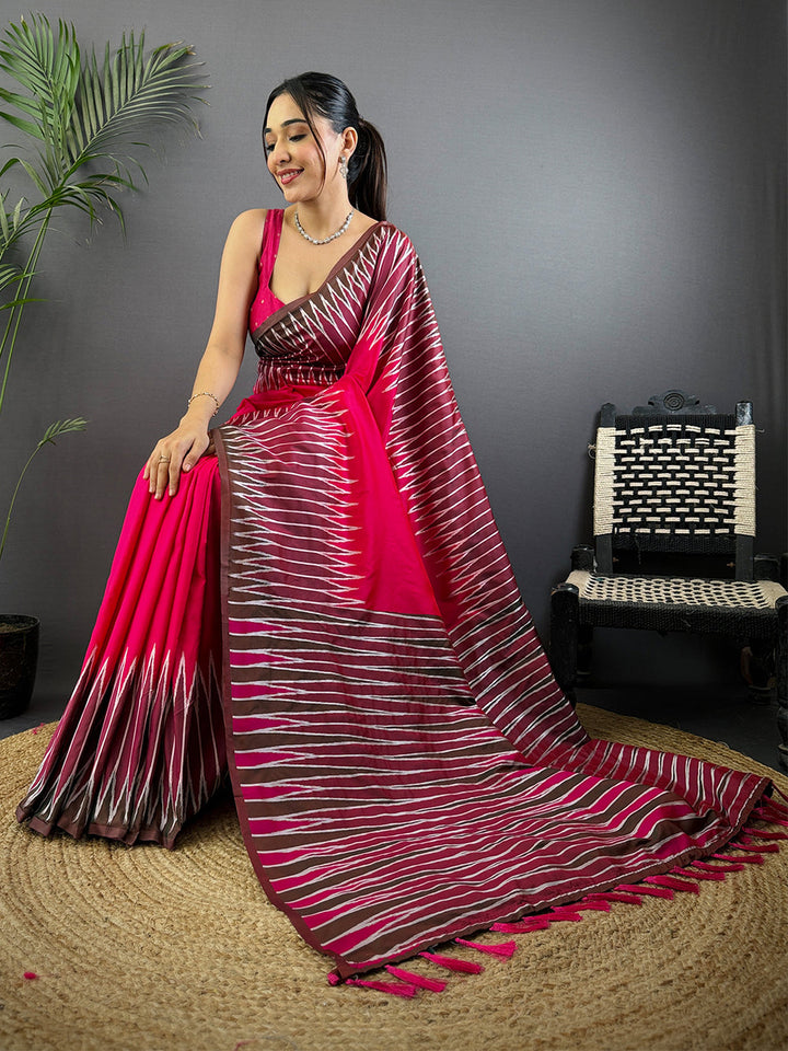 Pink Ikat Silk Saree with Zigzag Print & Contrast Border