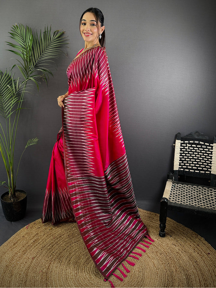 Pink Ikat Silk Saree with Zigzag Print & Contrast Border