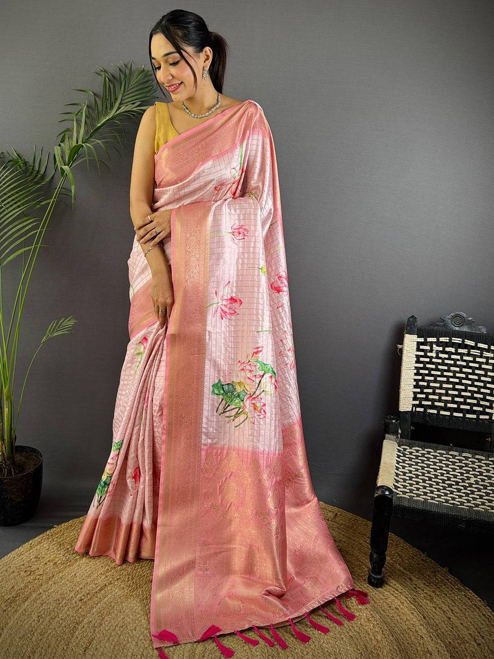 Soft Pink Banarasi Silk Saree with Floral Print & Woven Pallu