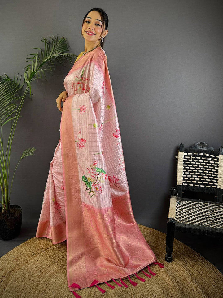 Soft Pink Banarasi Silk Saree with Floral Print & Woven Pallu