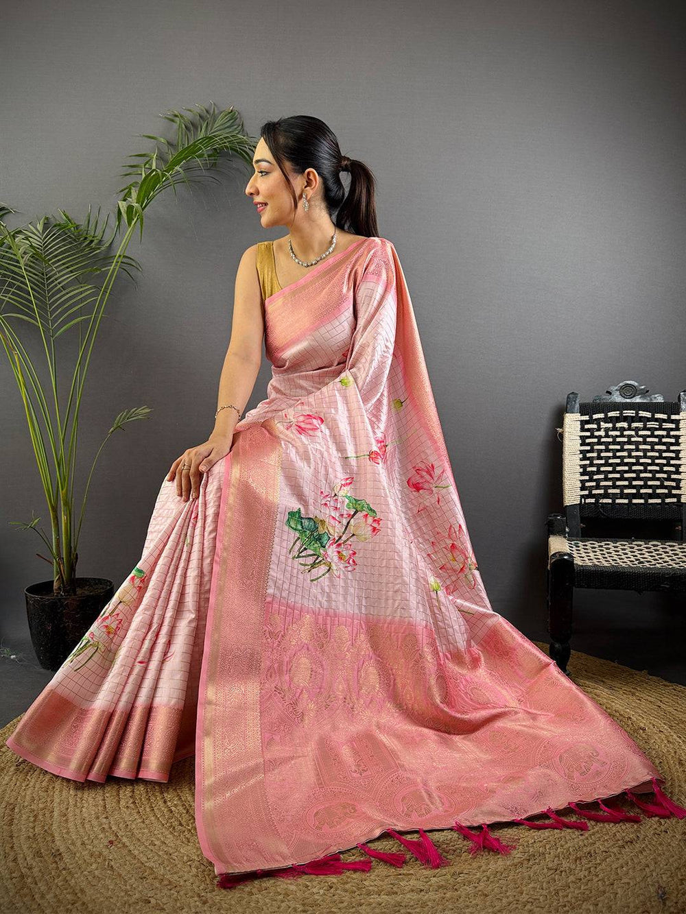 Soft Pink Banarasi Silk Saree with Floral Print & Woven Pallu
