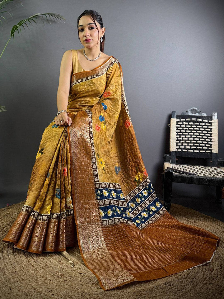 Mustard Brown Linen Silk Saree with Floral Digital Print & Contrast Blue Panel