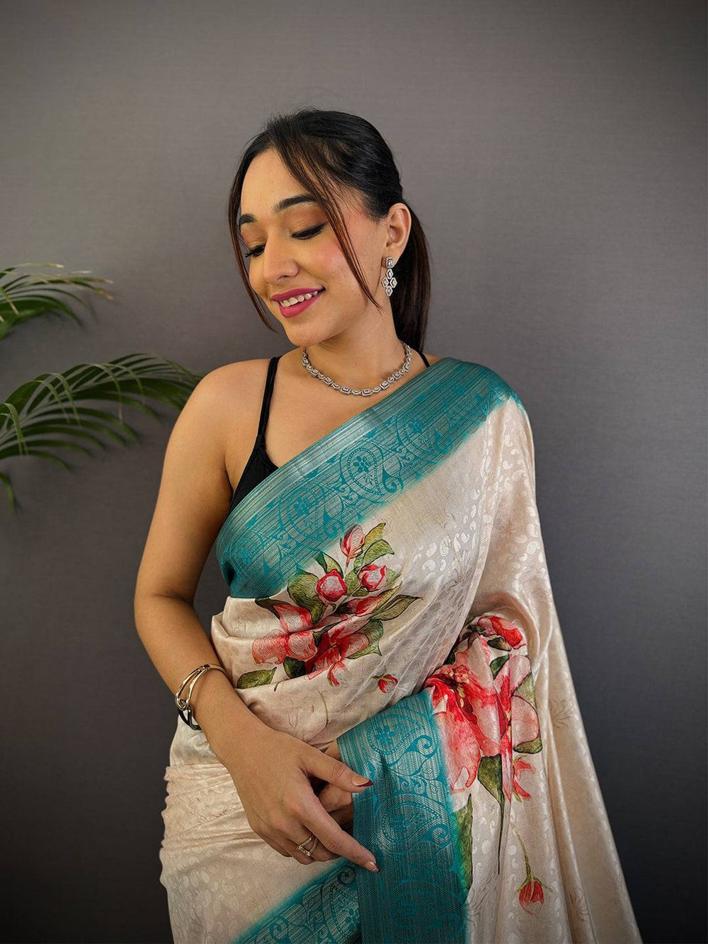 Cream & Teal Printed Silk Saree with Floral & Butterfly Design and Elegant Woven Border