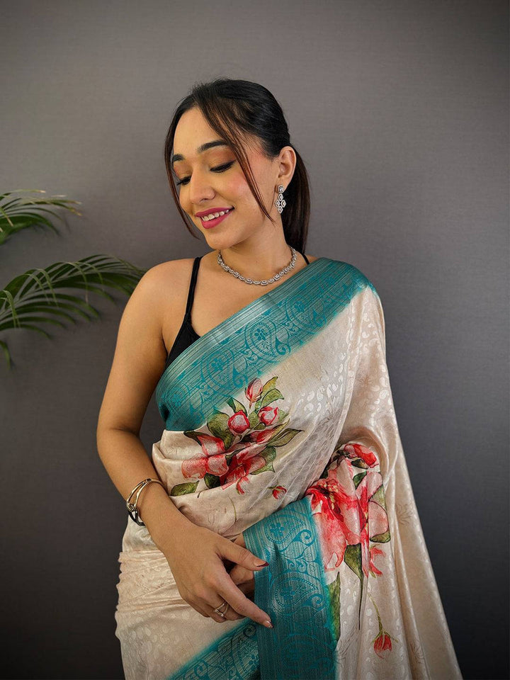 Cream & Teal Printed Silk Saree with Floral & Butterfly Design and Elegant Woven Border