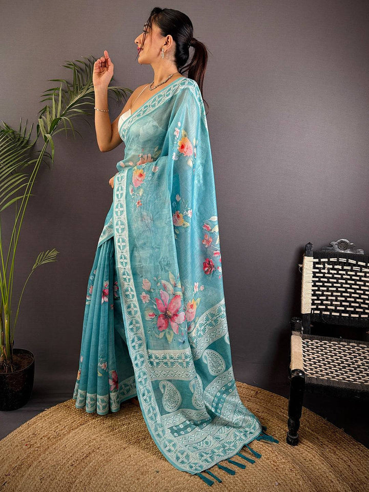 Sky Blue Linen Silk Saree with Floral Print & Embroidered Style Border