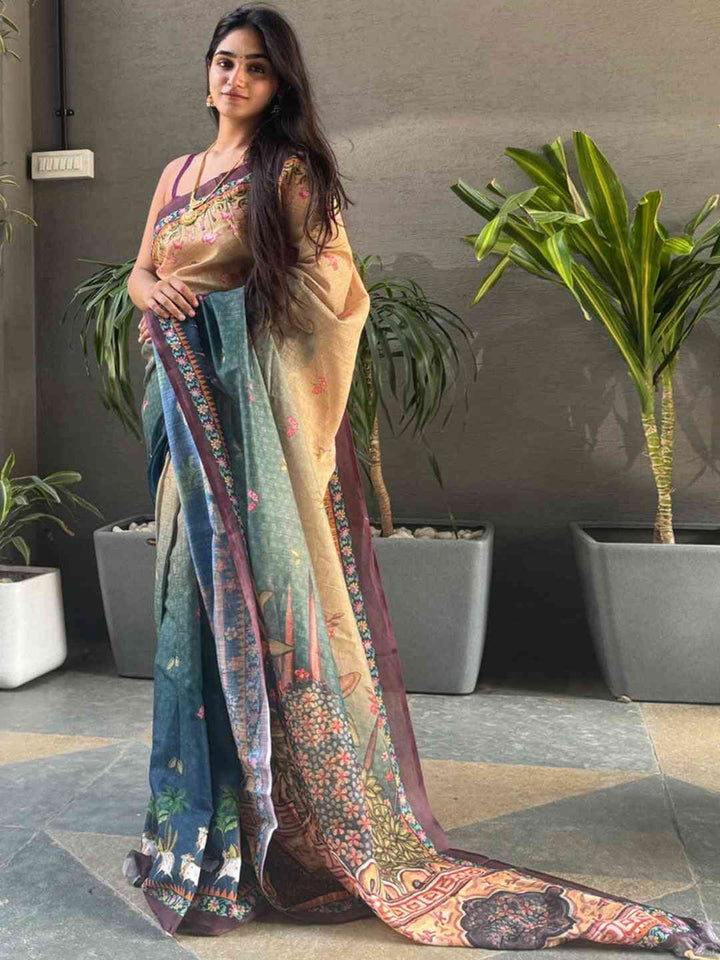 Beige & Teal Printed Silk Blend Saree with Ethnic Village Artwork