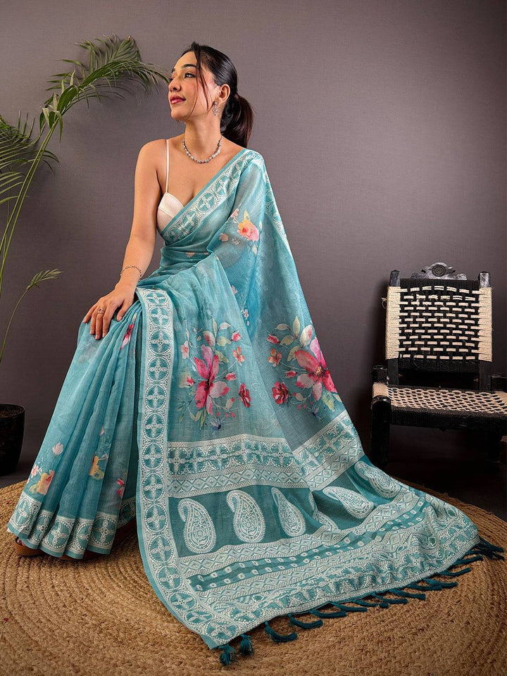 Sky Blue Linen Silk Saree with Floral Print & Embroidered Style Border