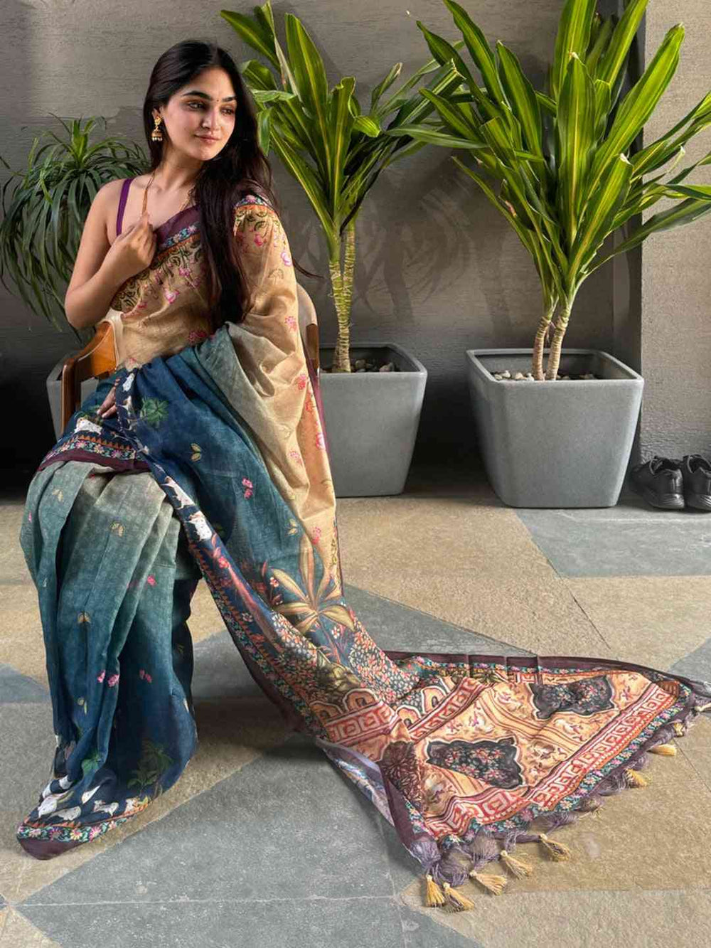 Beige & Teal Printed Silk Blend Saree with Ethnic Village Artwork