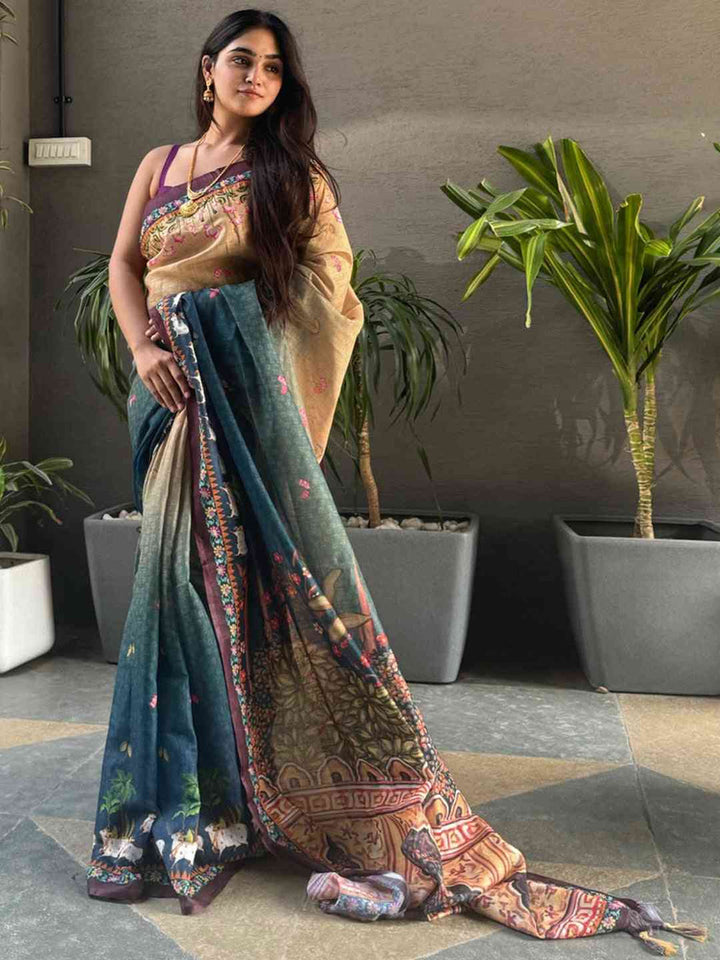 Beige & Teal Printed Silk Blend Saree with Ethnic Village Artwork
